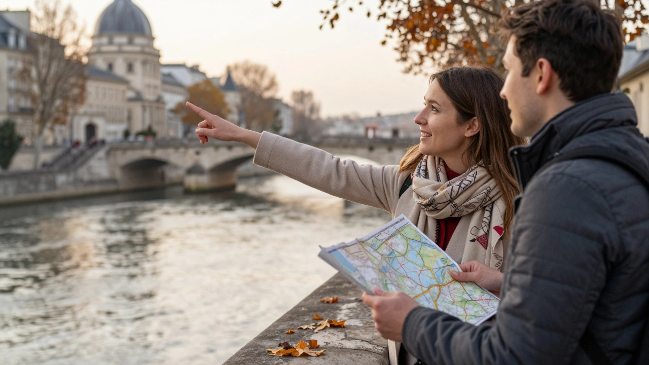 A local woman showing a tourist a hidden corner of Paris along the Seine.