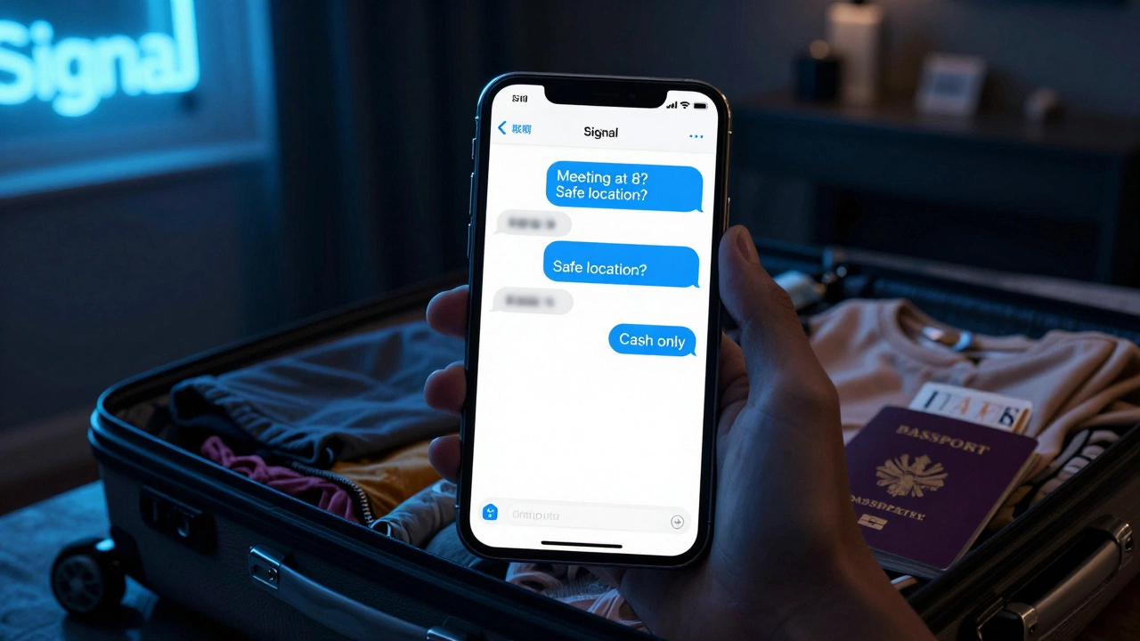 A smartphone screen showing encrypted messages about an escort meeting in a dark hotel room.