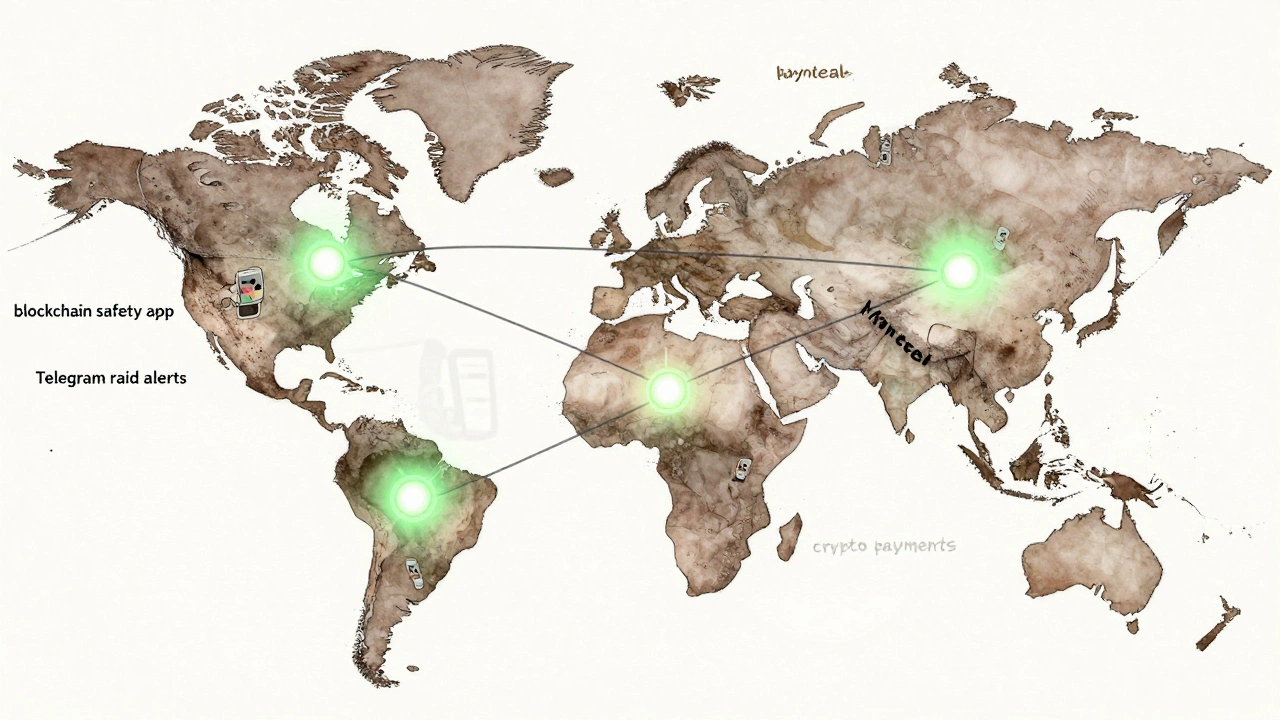 A world map with glowing digital connections between cities where sex workers created independent safety tools.