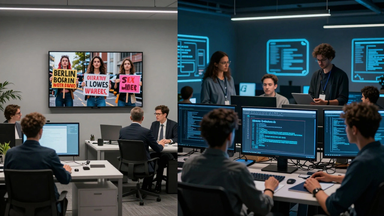 Split scene: corporate executives ignore protests outside while tech workers build decentralized safety platforms in cities worldwide.